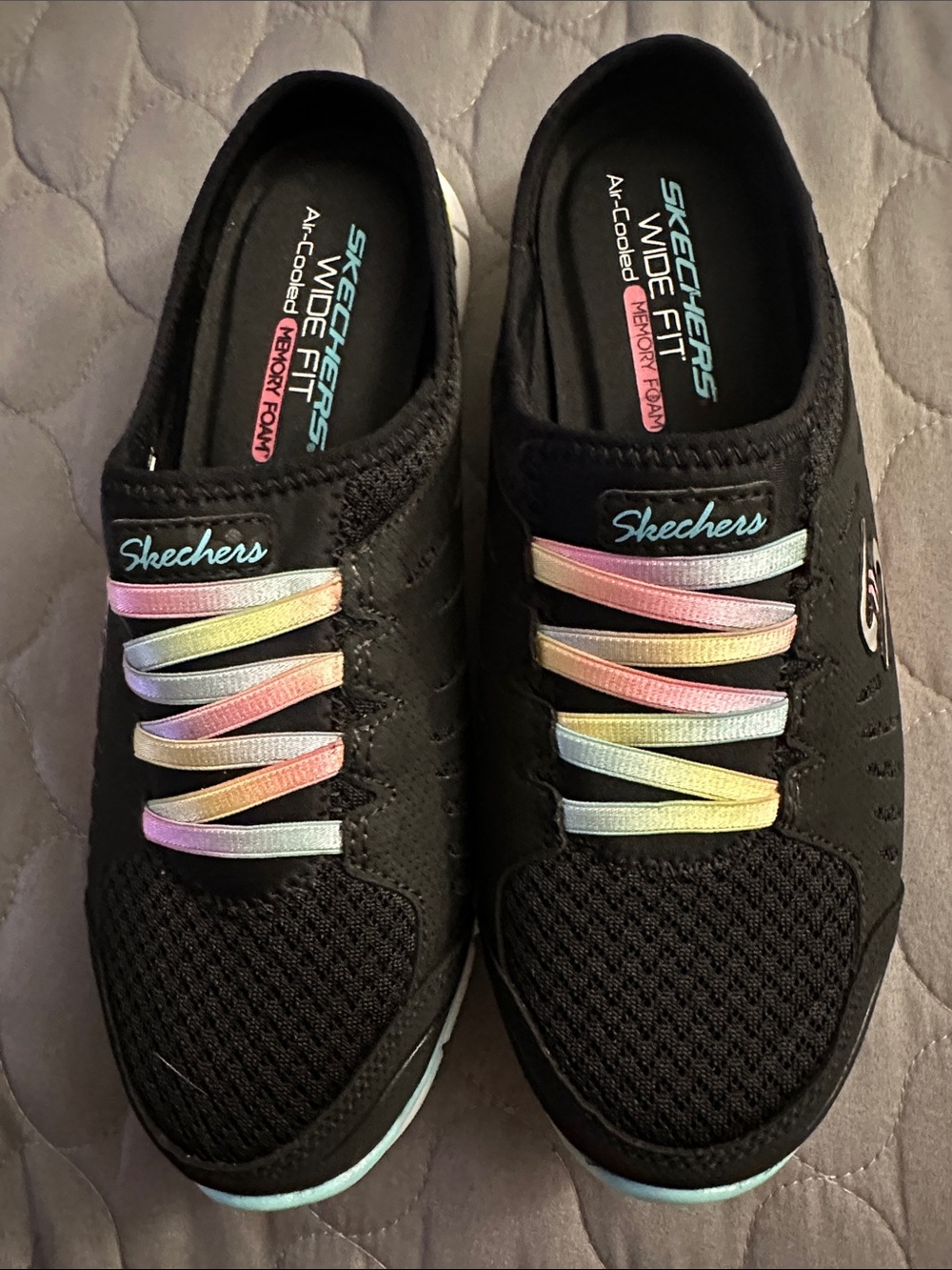Skechers Black Slip-On Sneakers with Pastel Rainbow Elastic Laces